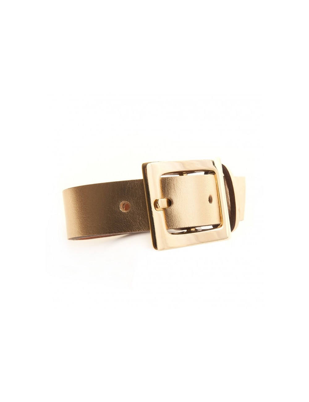 Bracelet en cuir et fermoir "ceinture" en métal doré.