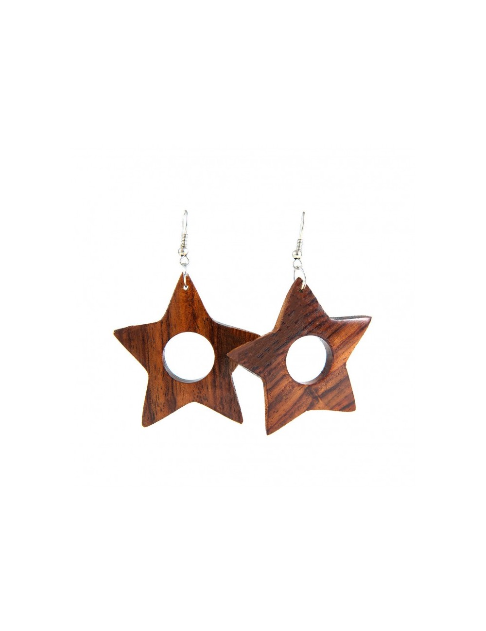 Boucles d'oreilles en bois tropical et forme d'étoile.