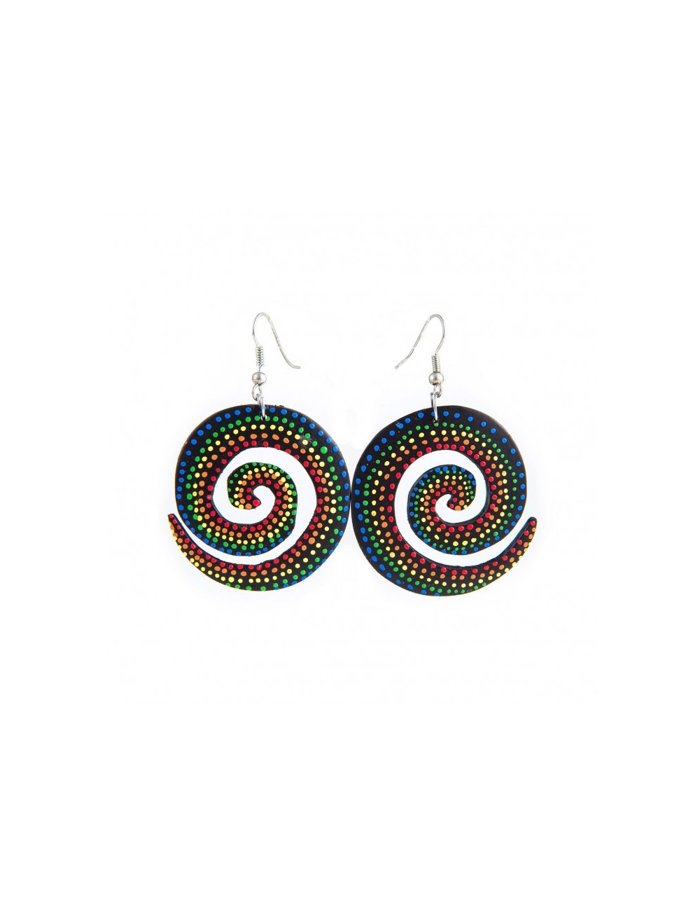 Boucles d'oreilles de bois tropical en forme de spirale et peintes en couleurs.