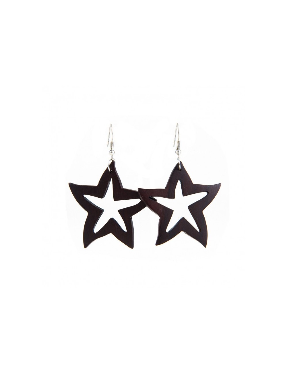 Boucles d'oreilles en bois tropical et forme d'étoile arrondie.